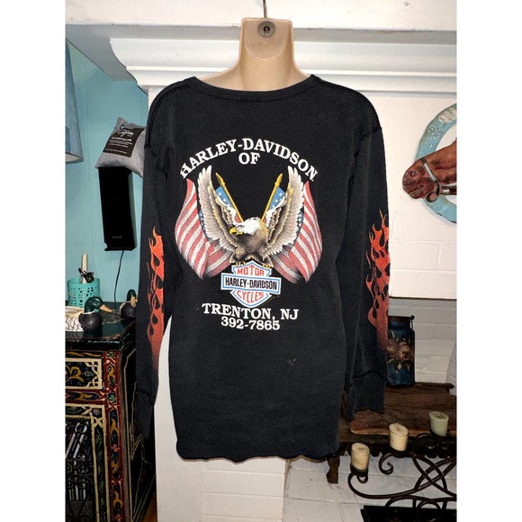 VINTAGE 1992 HARLEY THICK THERMAL LONG SLEEVE TEE TOP 2 SIDED UNISEX - Picture 2 of 9